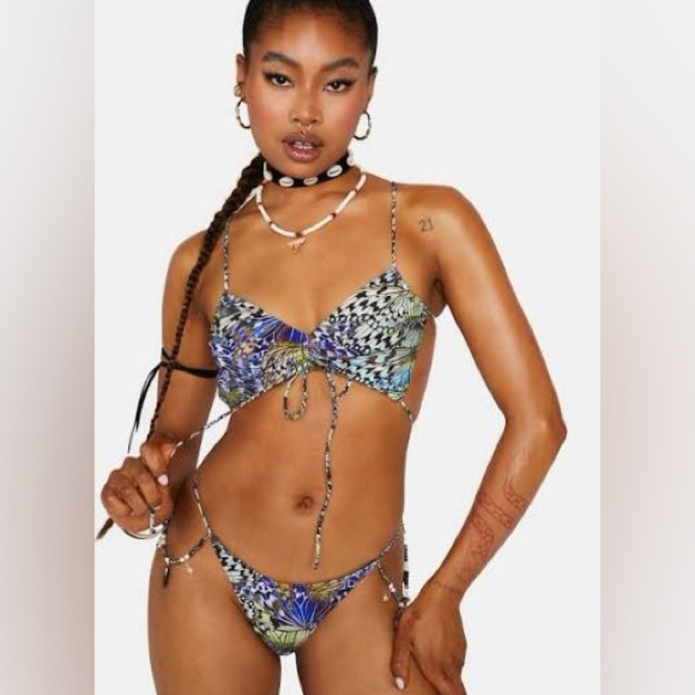 Jaded London string side bikini bottom in iridescent butterfly print
